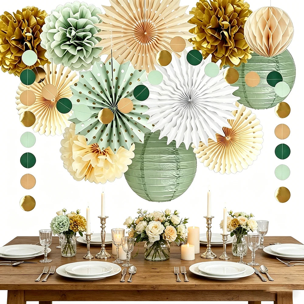 Sage Green Paper Lantern Fans Pom Poms Flowers Hanging Decorations