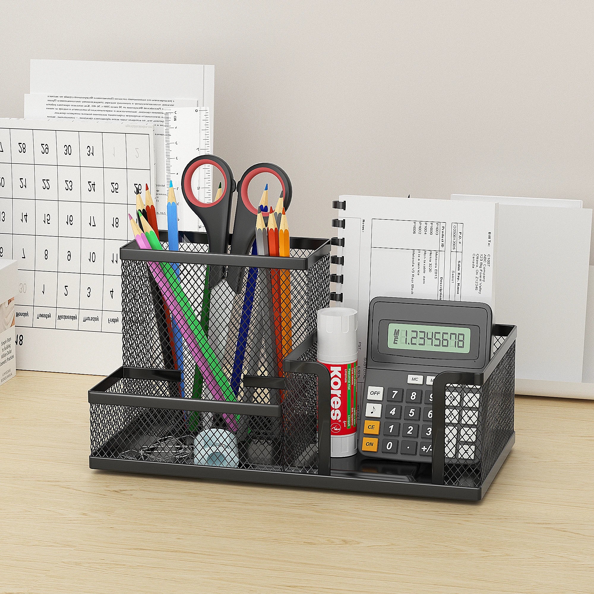 Mesh Desk Organizer Office Supplies Caddy with Pencil Holder and Storage Baskets for Desktop Accessories, 3 Compartments, Black Zpaxo