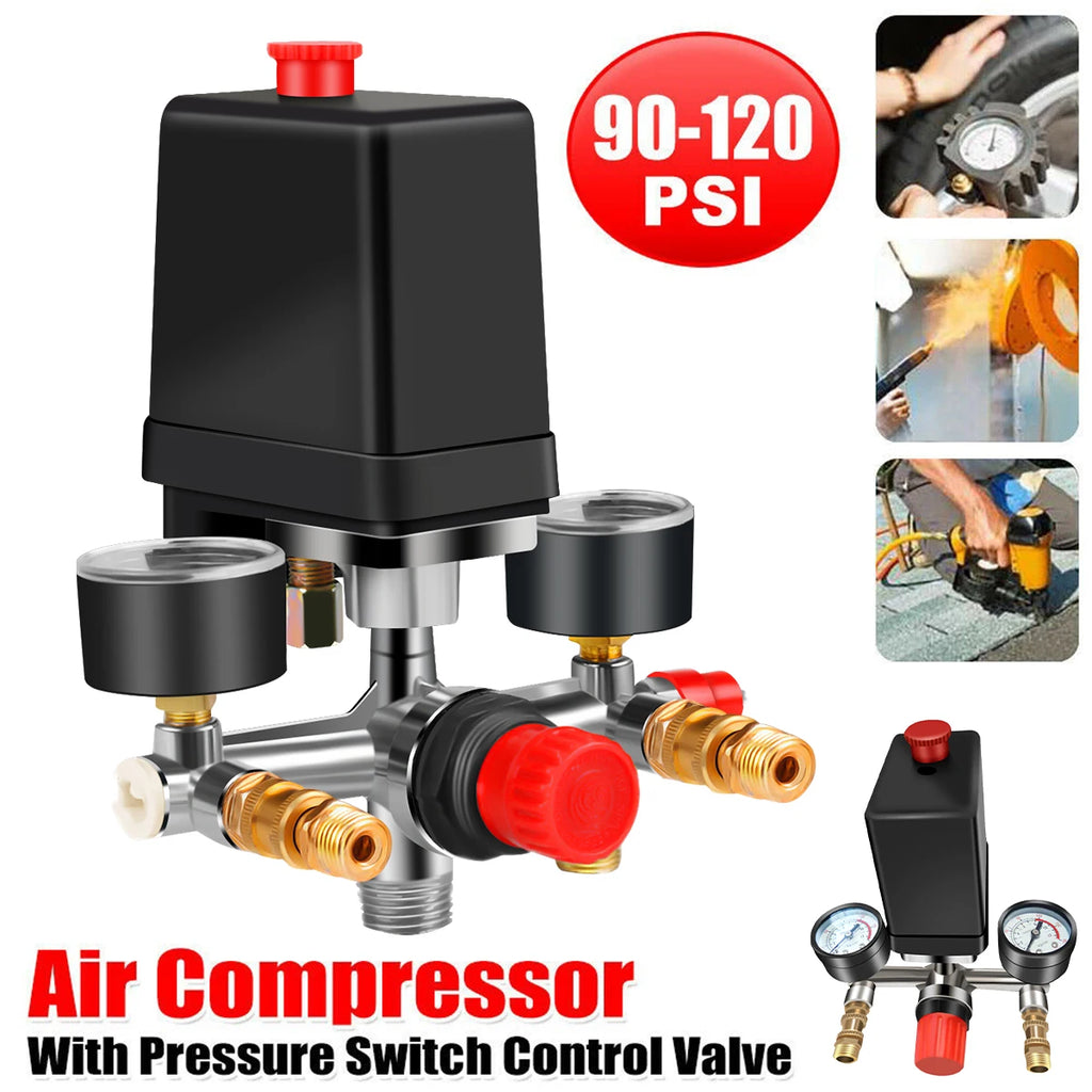 New Air Compressor Parts 90-120PSI Pressure Switch 4 Port Manifold Regulator Gauges 220-380V Aluminum Control Valve with Gauge Zpaxo