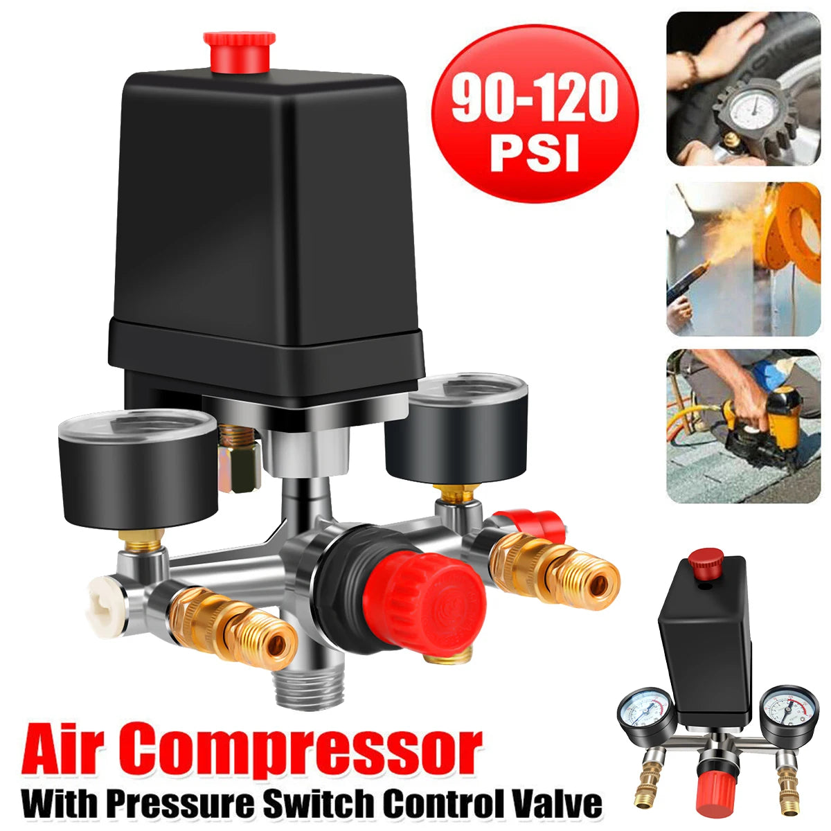 New Air Compressor Parts 90-120PSI Pressure Switch 4 Port Manifold Regulator Gauges 220-380V Aluminum Control Valve with Gauge Zpaxo