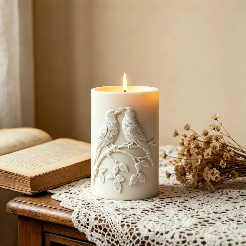 3D Birds on Branch Cylindrical Silicone Candle Mold – DIY Craft