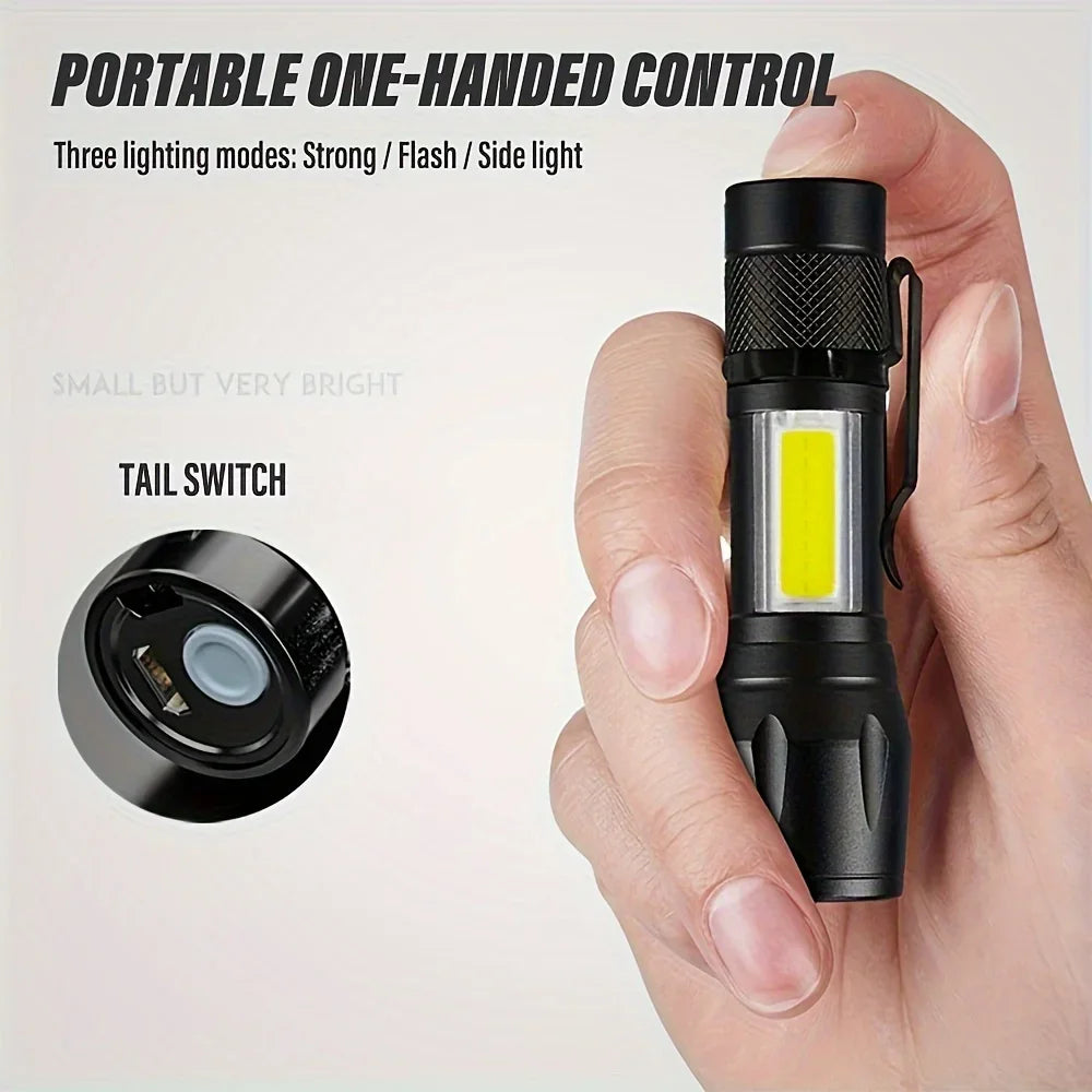 Mini LED Rechargeable Flashlight – Zoomable, Waterproof, Cap Clip