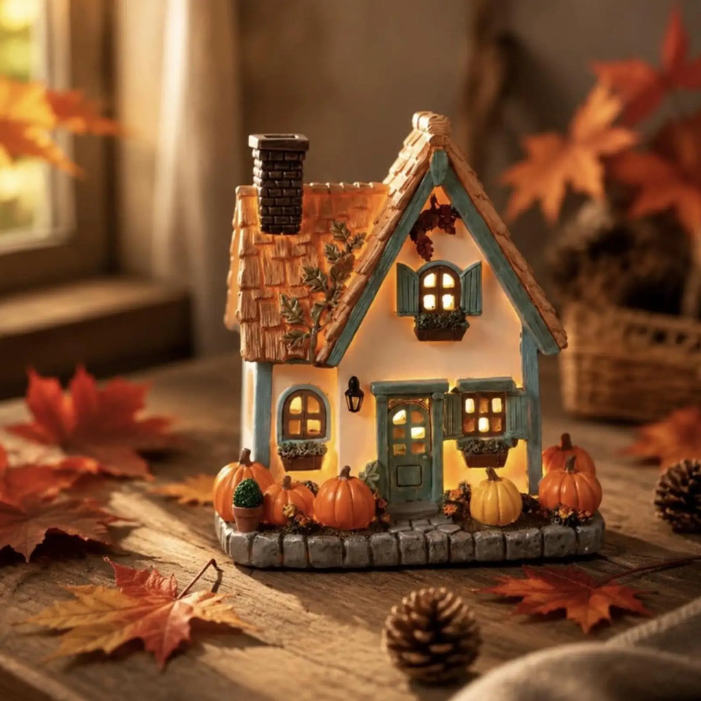 Pumpkin House Statue Decor Battery Powered Lighted Tabletop Centerpiece Festival Pumpkin House Statue for Home Apartment Office Zpaxo