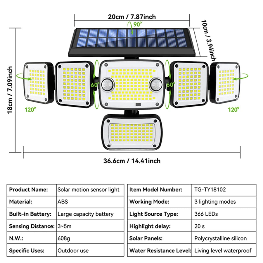 366LED Solar Security Lights Outdoor Motion Sensor Super Bright Solar Lights Waterproof Solar Wall Light 3 Modes Patio Porch Zpaxo 366LED 1pc