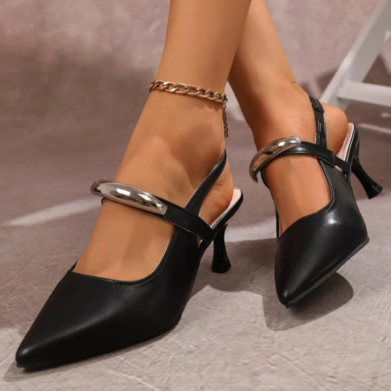 Women's Metal Decoration Stiletto Heel Shoes Elegant Pointed Toe