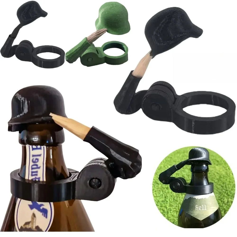 1- Soldier Salute Beer Bottle Helmet Dustproof Topper Creative Cap Zpaxo