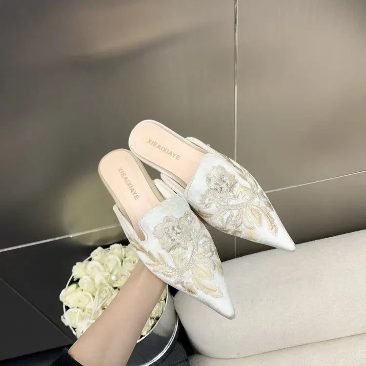 2025 Summer New Vintage Baotou Slippers Women's Outer Wear Flat Embroidered Pointed Toe 1 Slip-on Shoes Guofeng Women's Shoes Zpaxo 39 Blue