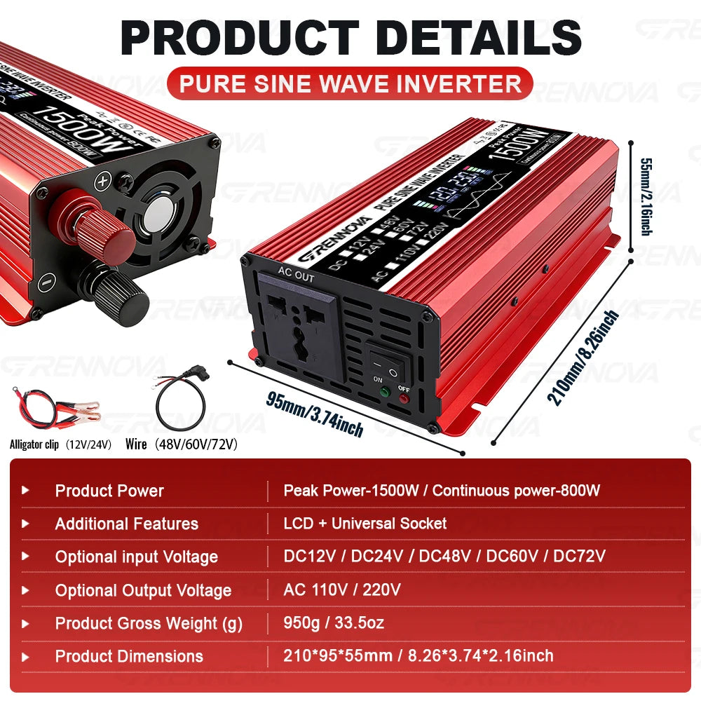 1500W Peak Power Inverter Pure Sine Wave, GRENNOVA 800W Continuous Car Converter for Refrigerator, Coffee Maker, Laptop, Camping Zpaxo