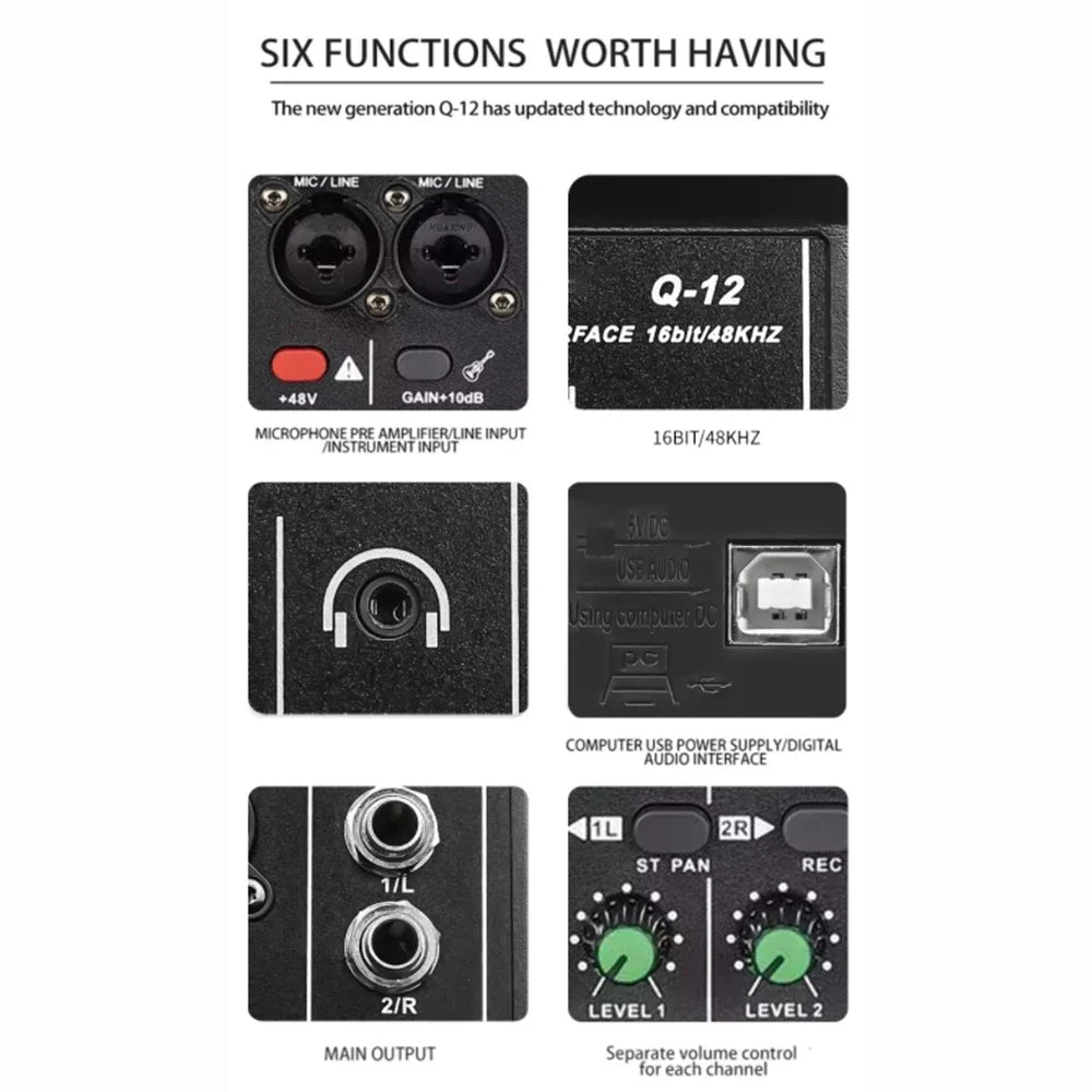 Q12 2 Channels Professional Portable Audio Interface Sound Card Zpaxo
