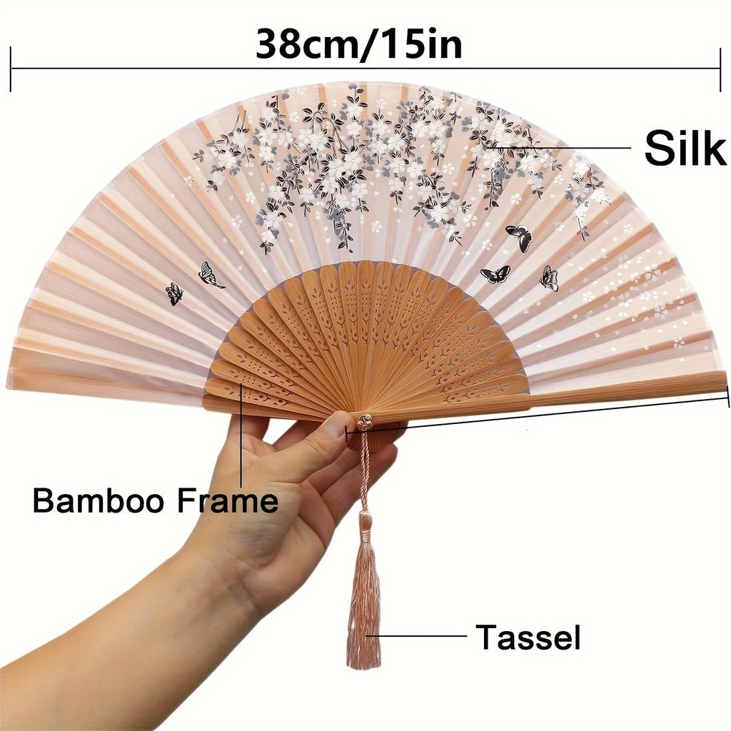 Elegant Bamboo Folding Hand Fan Tassel Traditional Chinese Japanese