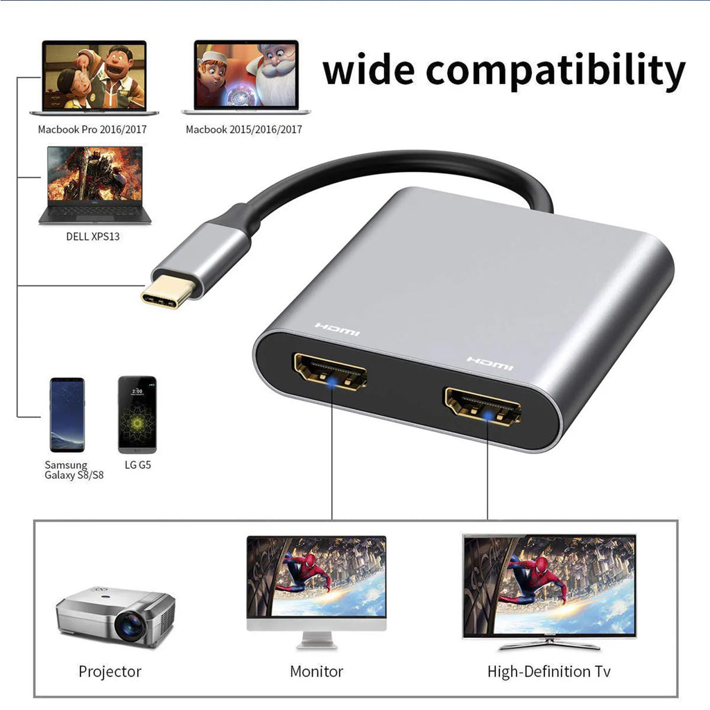 2 Port USB C Hub Dual HDMI Splitter 4K 60HZ Screen Expansion Docking Zpaxo