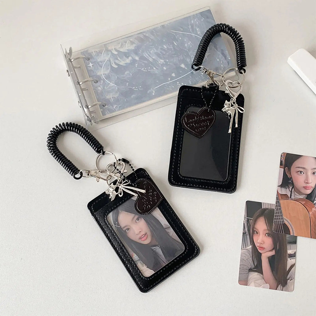 Photocard Holder Keychain PU Leather Identification Badges Protector Protective Sleeves with Love Heart Charm Spiral Wrist Coil Zpaxo Default Title