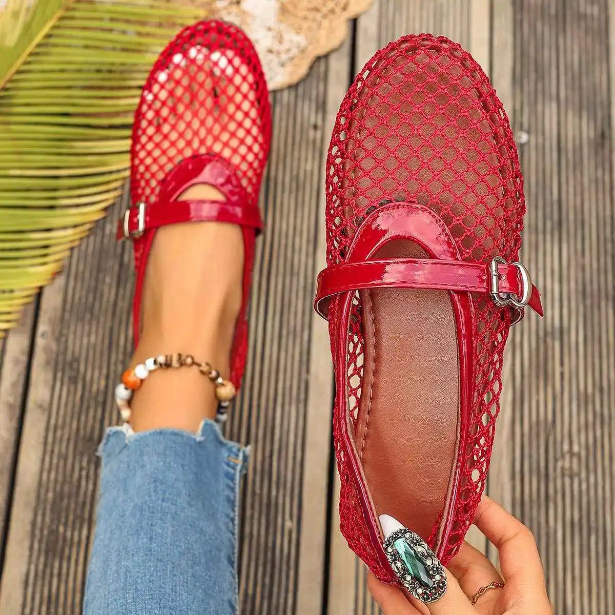 Women Sandals Mesh Breathable Flat Bottom Shoes Women Summer Large Size Hollow Out Shoes Women Comfortable Buckle Strap Sandals Zpaxo Red 40