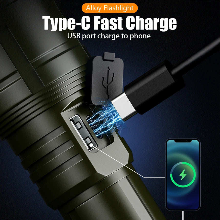 5000mAh LED Tactical Flashlight – Type-C Rechargeable Power Bank