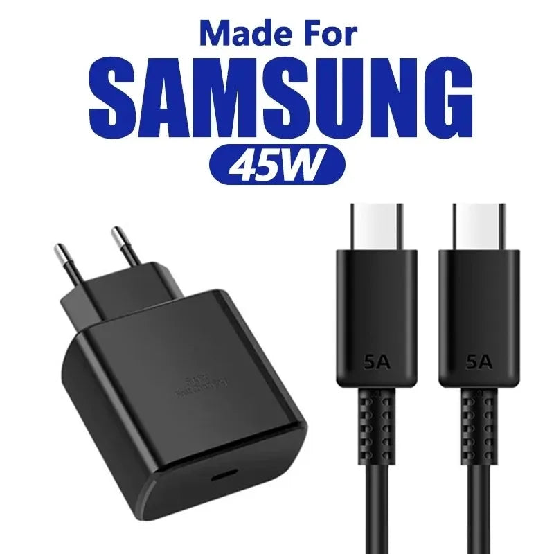 5A 45W PD USB-C Fast Charger Samsung S22 S23 S24 Note 20 A14 A15 A25 Zpaxo EU Plug and Cable 1m Cable