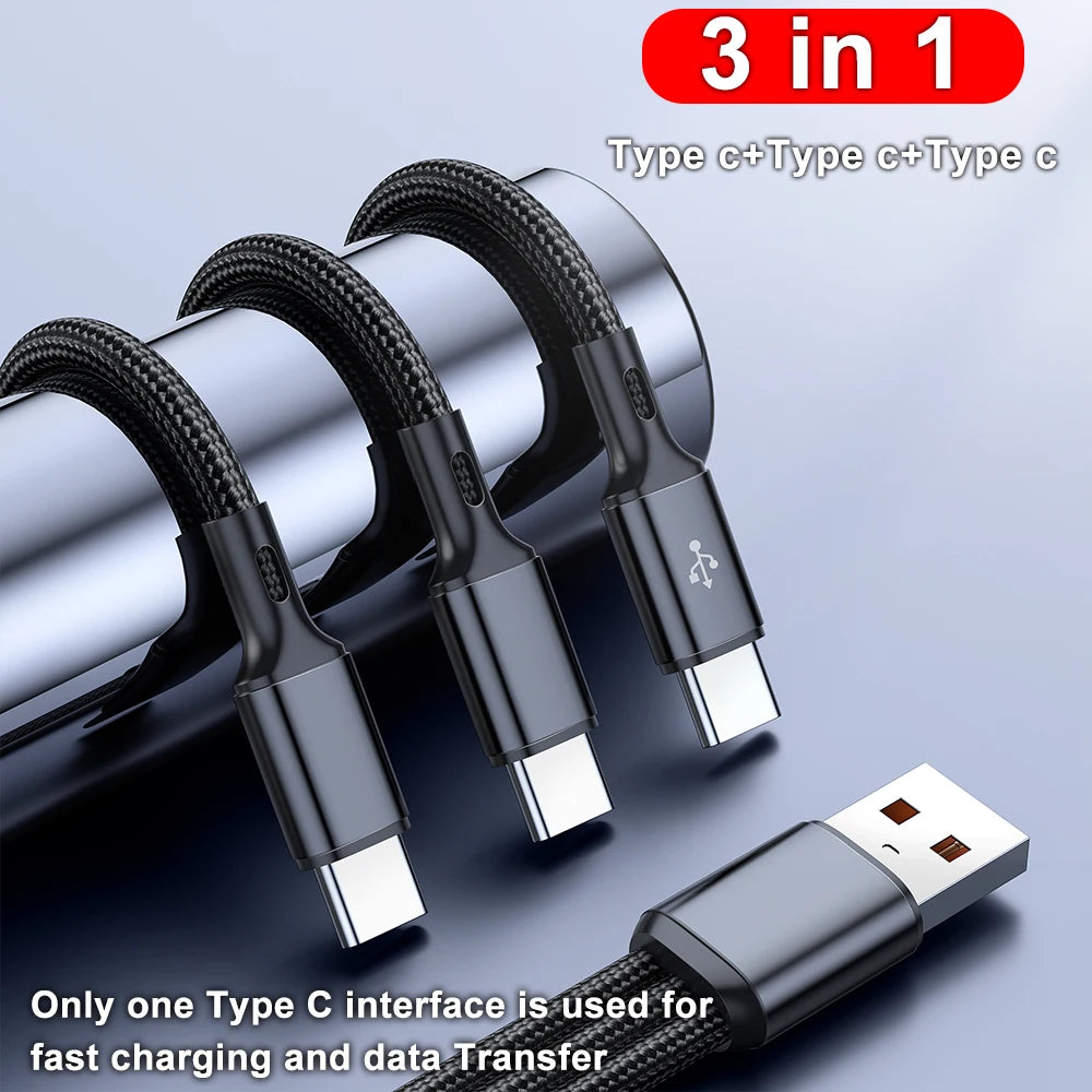 3-in-1 USB-C Cable 100W 6A Fast Charging Quick Charge Cord USB Charging Cable Zpaxo
