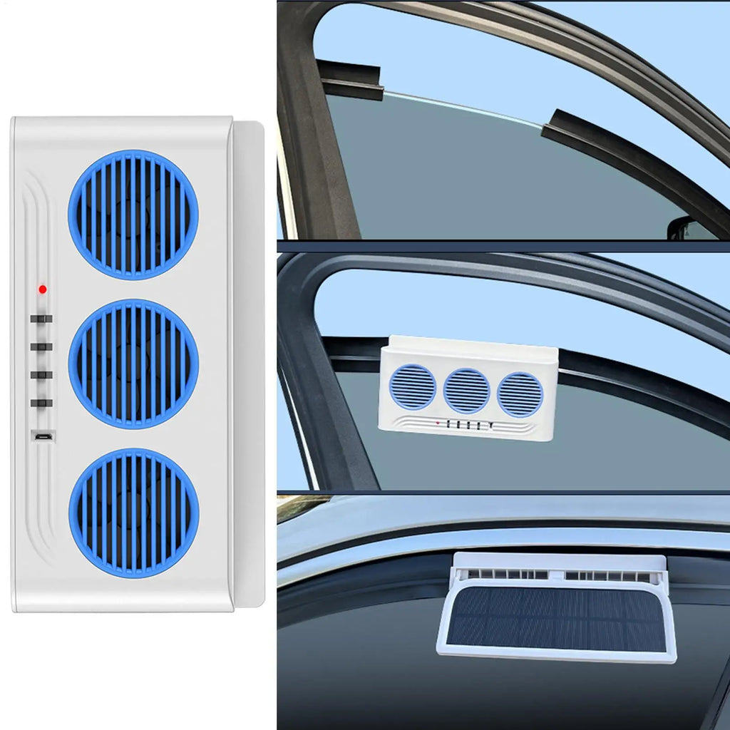 Solar Car Fan Air Purifier 3 Outlets Exhaust Cooling Ventilator Light
