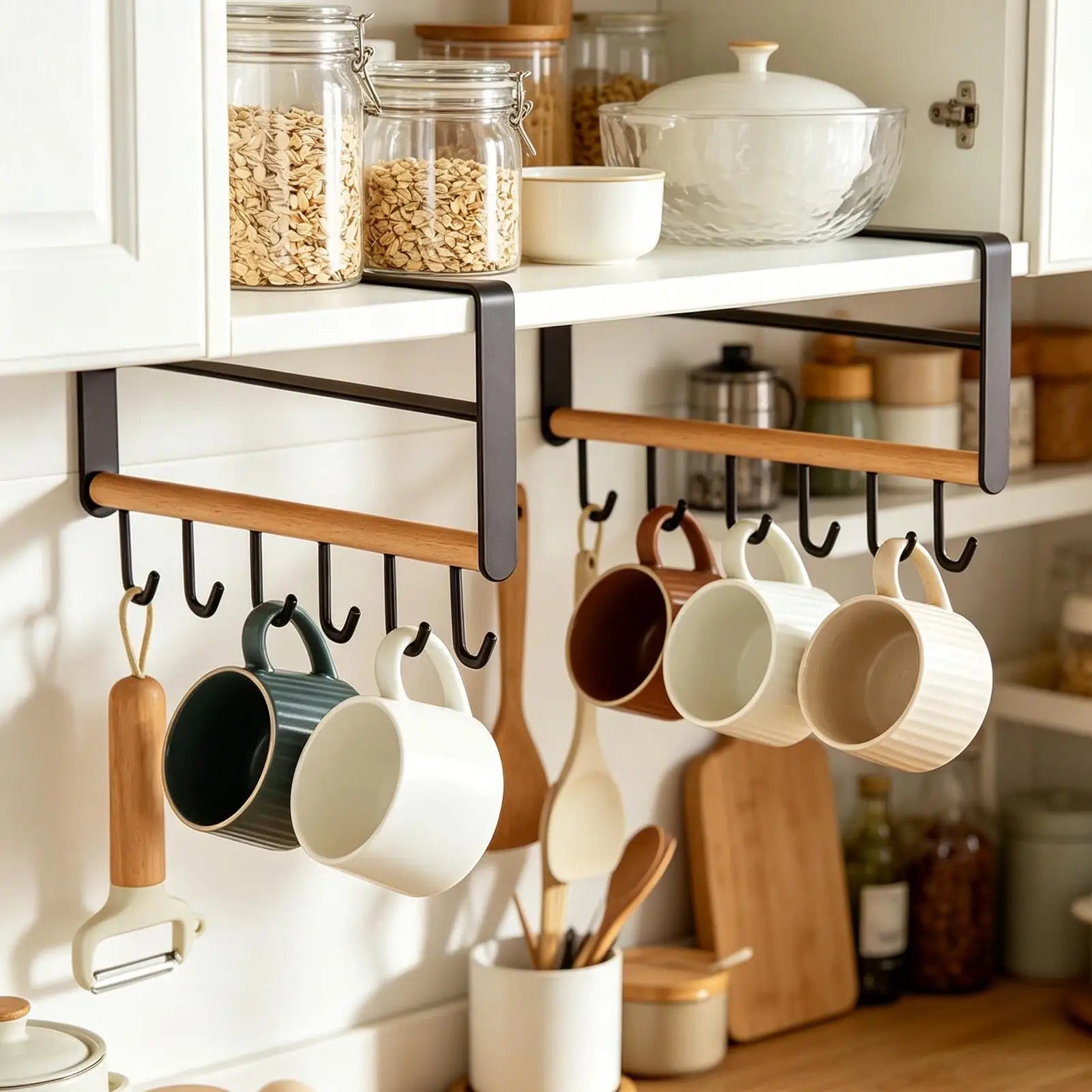 Mug Holder Under Cabinet Shelf 6 Hooks Storage Rack Ladles Organizer