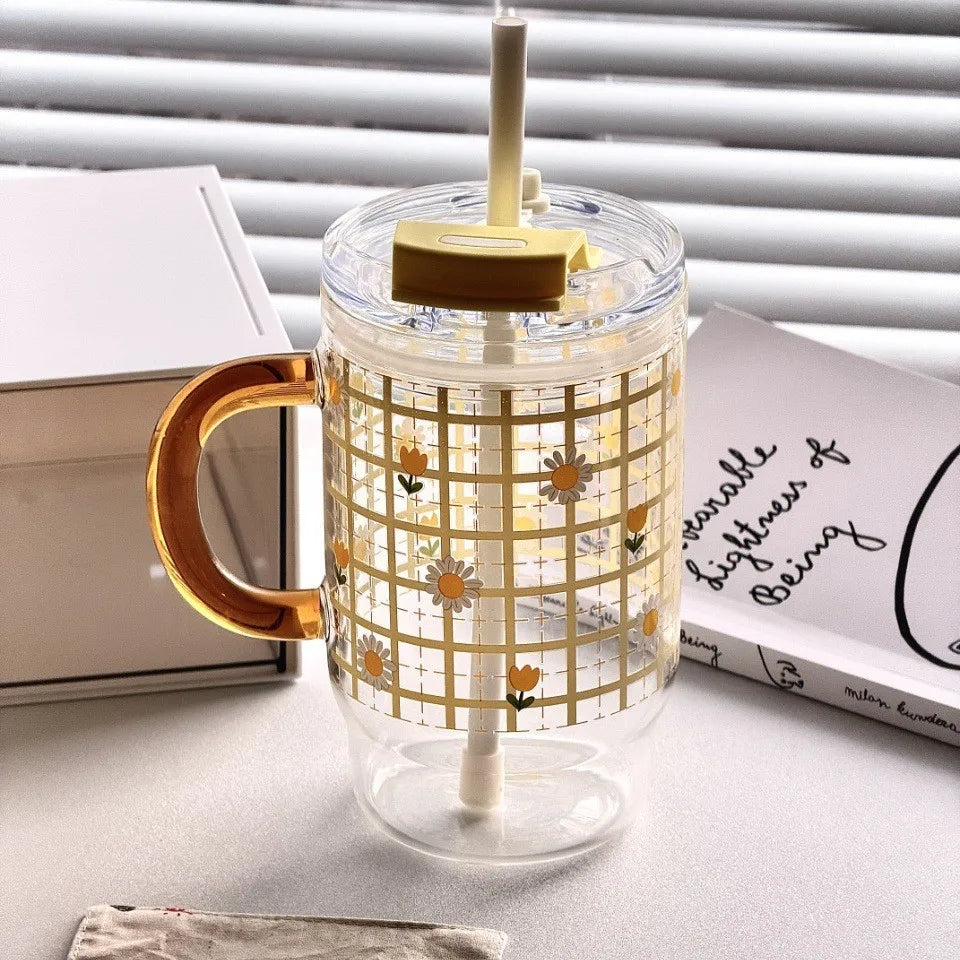 760ml Cute Large Capacity Handle Straw Cup, High Borosilicate Glass Cup, Summer Portable Double Drinking Household Handy Cup Zpaxo Yellow