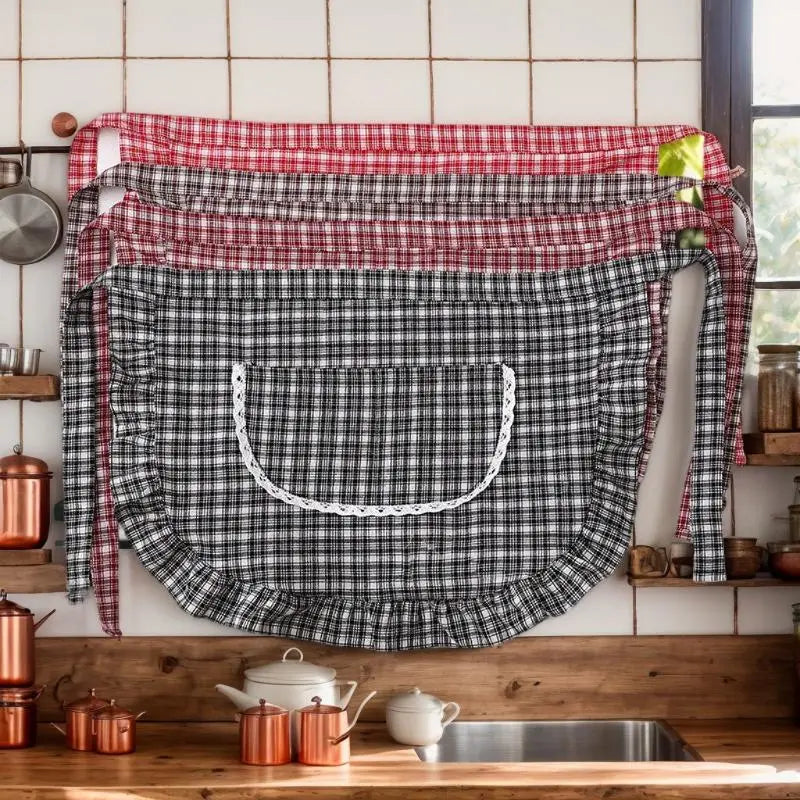 Cotton Half Waist Checkered Apron Kitchen Work Apparel Resist Stains Zpaxo