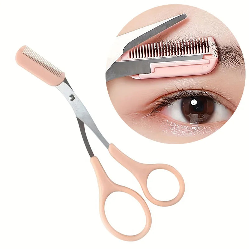 Pink Eyebrow Trimming Scissors with Built-in Comb Stainless Steel Precise Grooming Tool for Women Makeup Beauty Accessories Zpaxo