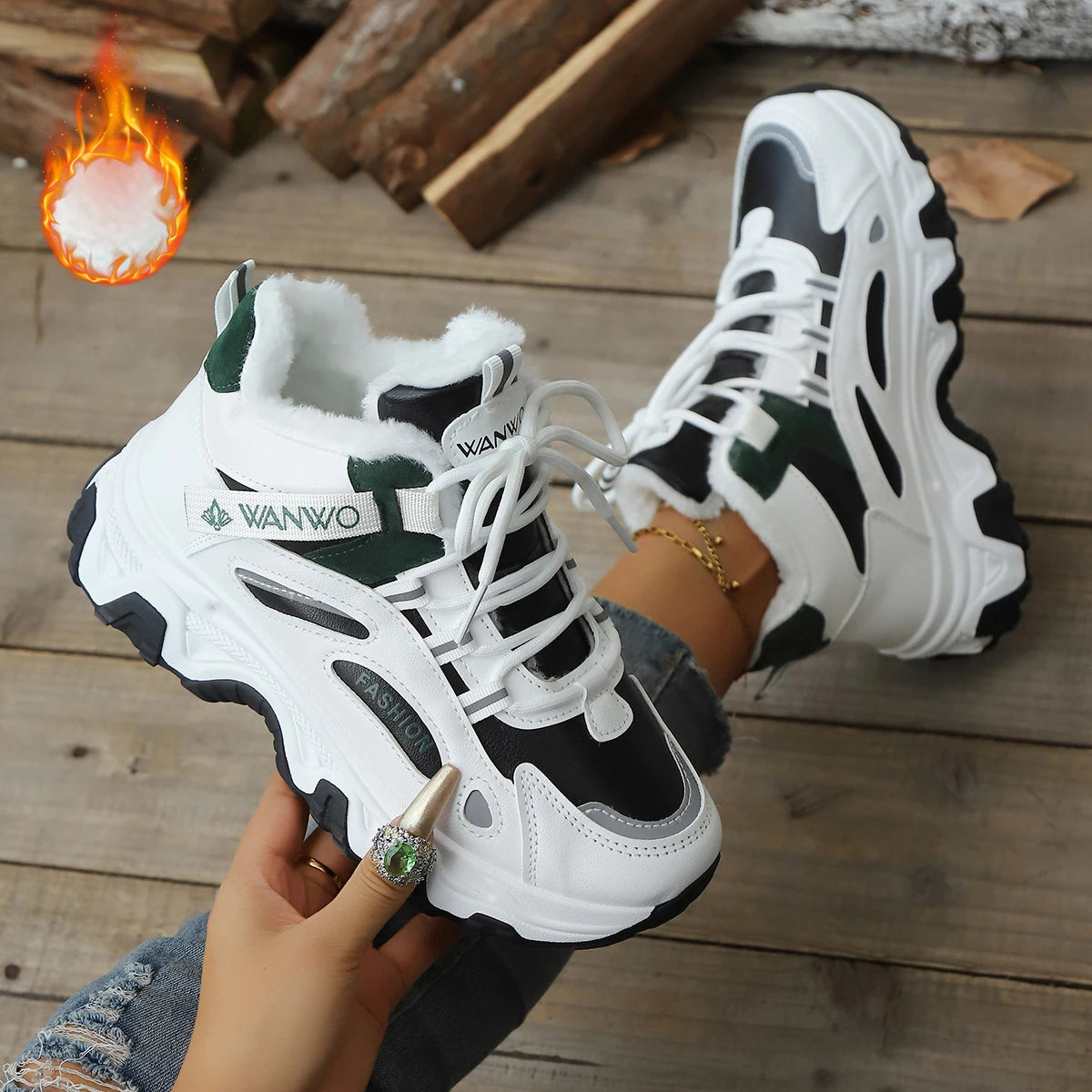 Women Snow Boots Tennis Winter Platform Lace Up Vulcanized Shoes New Chunky Breathable Mesh Casual fashion Women Boots Zpaxo Black and green 38