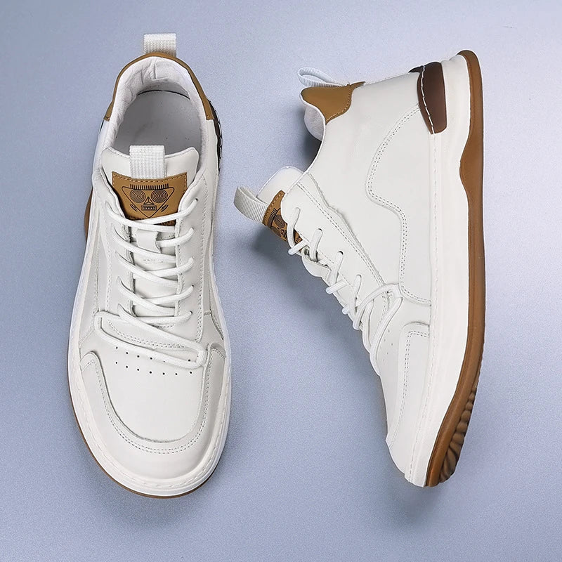 Mens Simple White Brown Leather Mid Sneakers Lace Up Casual Zpaxo