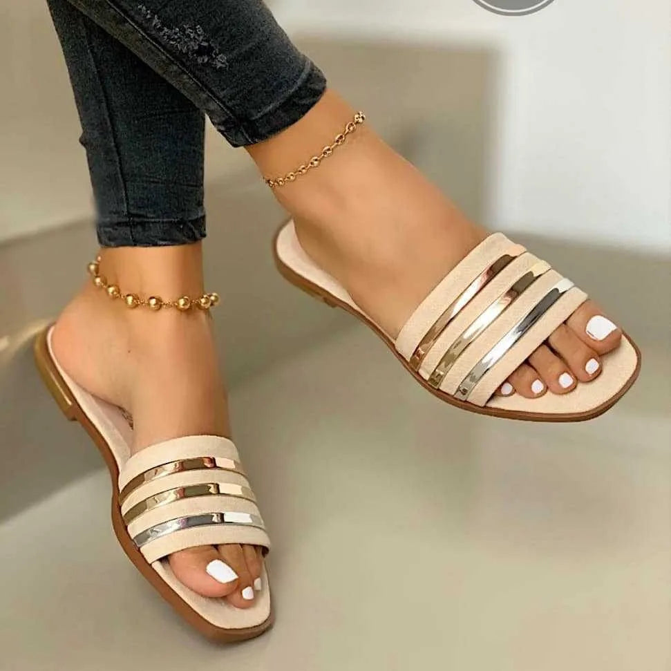 Women Slippers 2025 Metal Striped Summer Flat Shoes Fashion Slip Zpaxo Beige 35