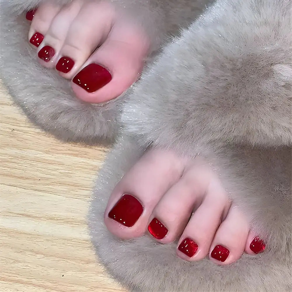 Box French Aurora Fake Toenails Cat Eye Full Cover Foot Nails Short Zpaxo