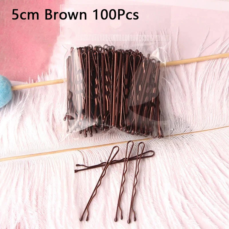 Women Black Hair Clip Metal U-shaped Bobby Pins Wavy Hairpin Barrette Zpaxo Brown-100Pcs