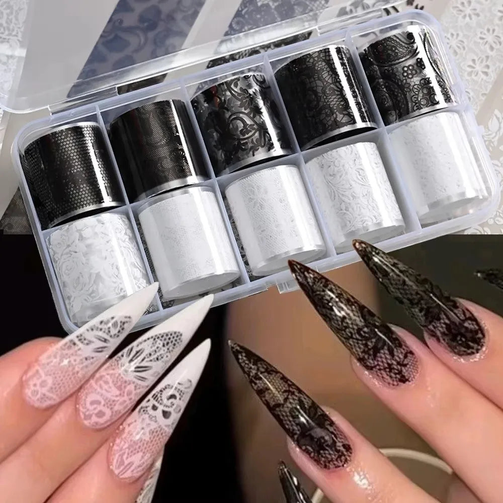 Lace Design Nail Foils Stripe Pattern Black White Nail Art Stickers Leopard Print Sequin Effect Transfer Paper Nail Decoration Zpaxo