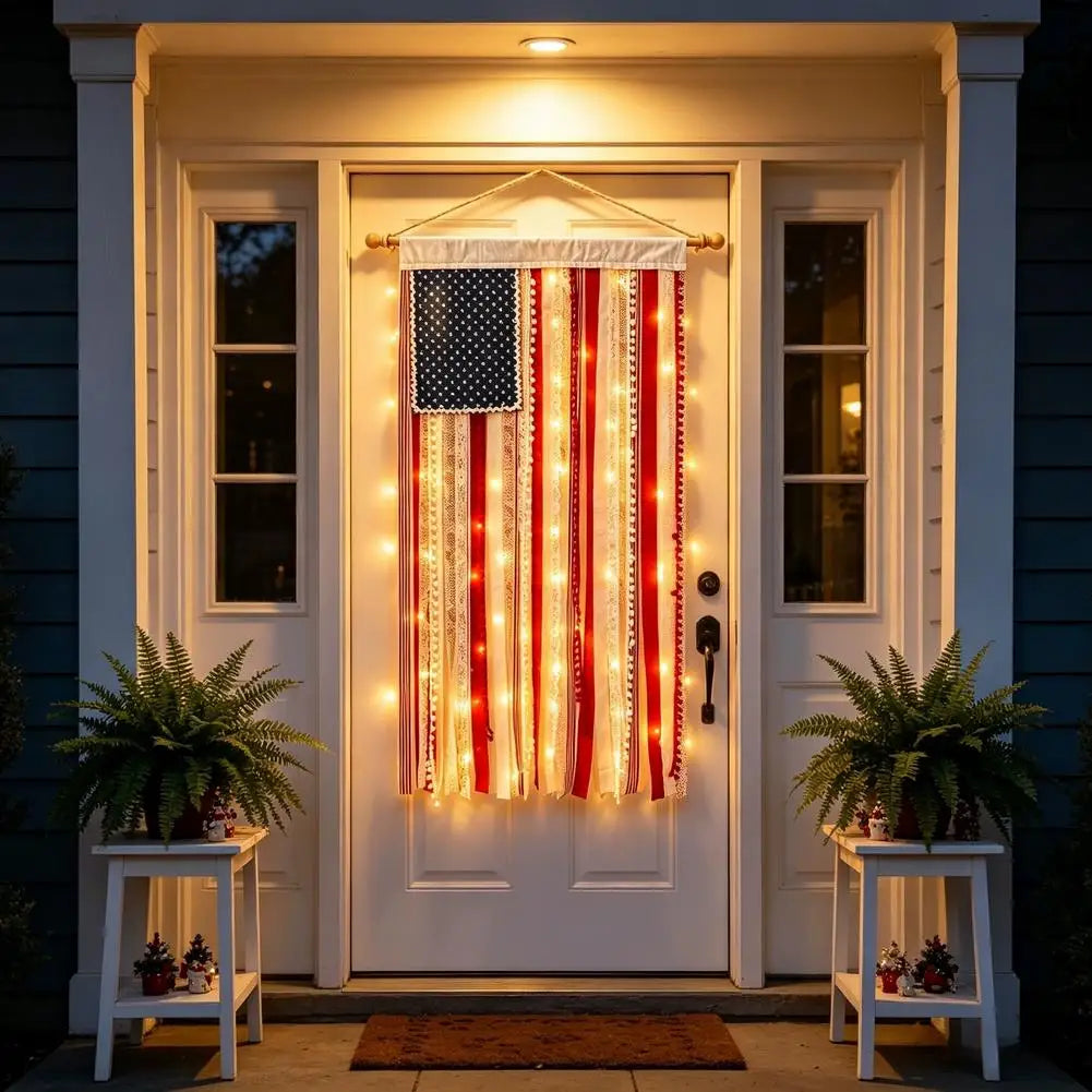 4th of July USA Flag Wall Hanging Banner with LED Lights Patriotic Wall Banner Zpaxo