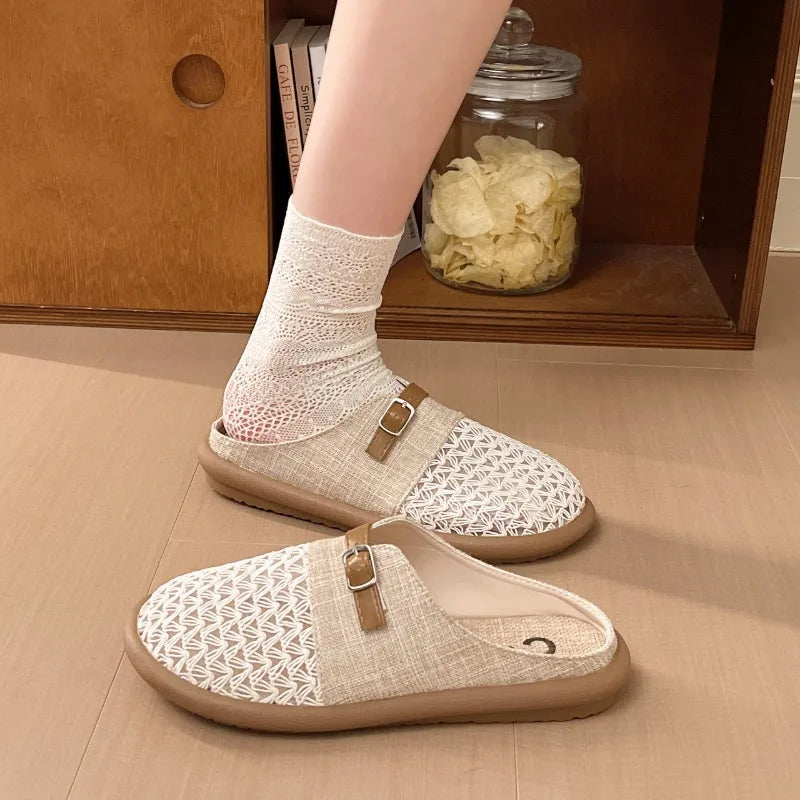 Round Toe Comfortable Women's One-word Buckle Strap Breathable Zpaxo Beige 39