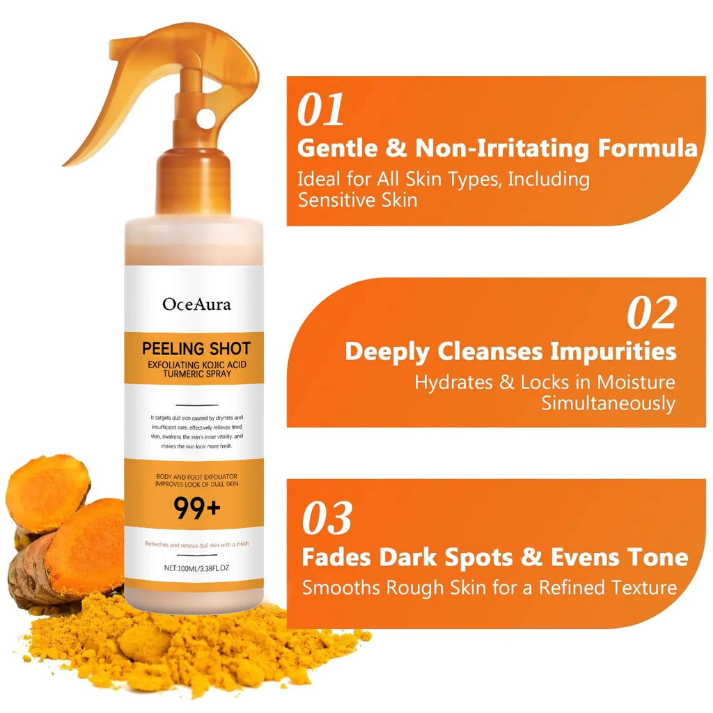 OceAura Kojic Acid Turmeric Exfoliating Spray | Body Peel 100ml Exfoliating Body Spray Zpaxo