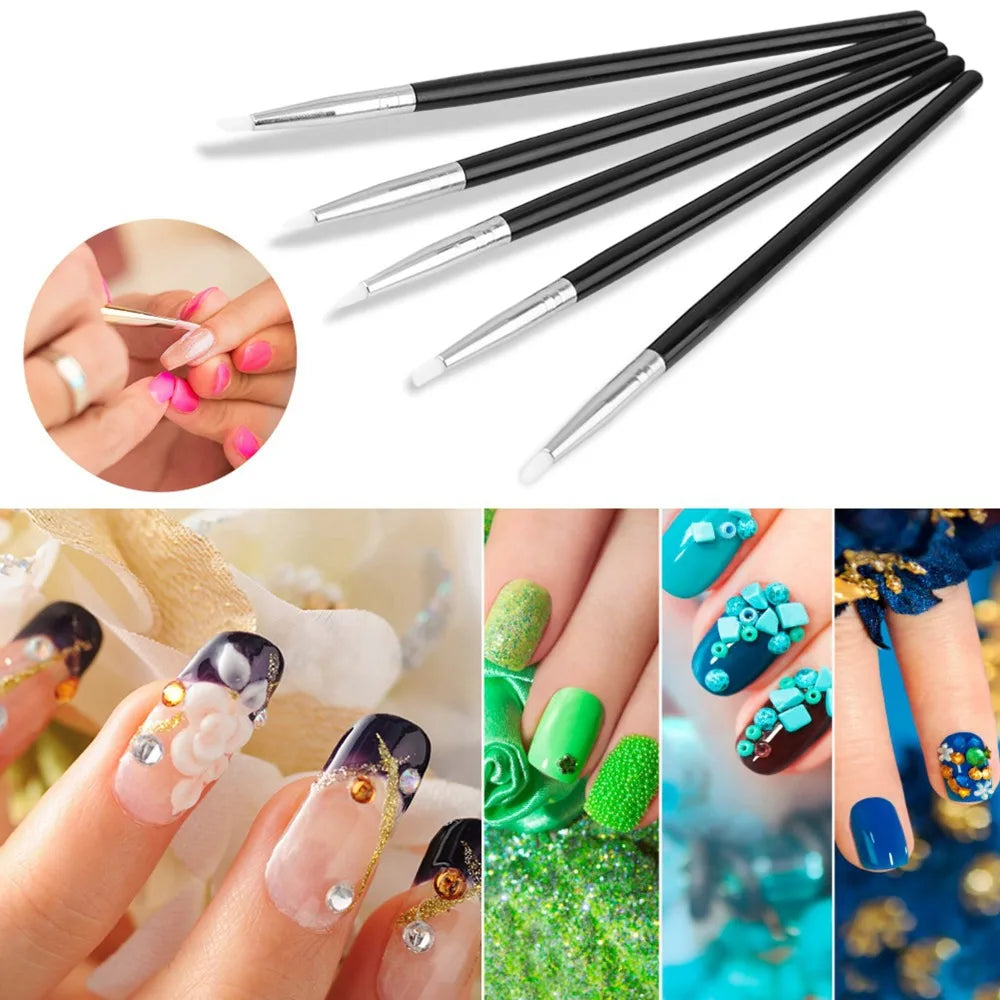 5PCS Ultra Soft Silicone Nail Silicone Pen Black Pole 6.7in Nail Art Sculpture Tool Hollow Carving Nail Detail Brush Zpaxo