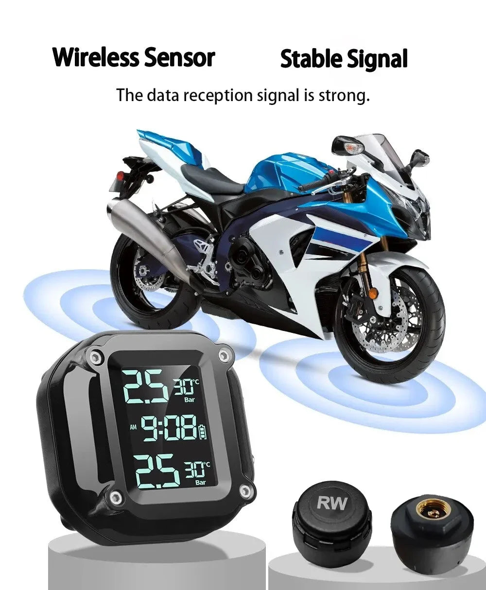 Motorcycle Tire Pressure Monitor System Wireless, Digital Readout with External Mount Sensors, Dual USB Power Supply for On-Road Zpaxo