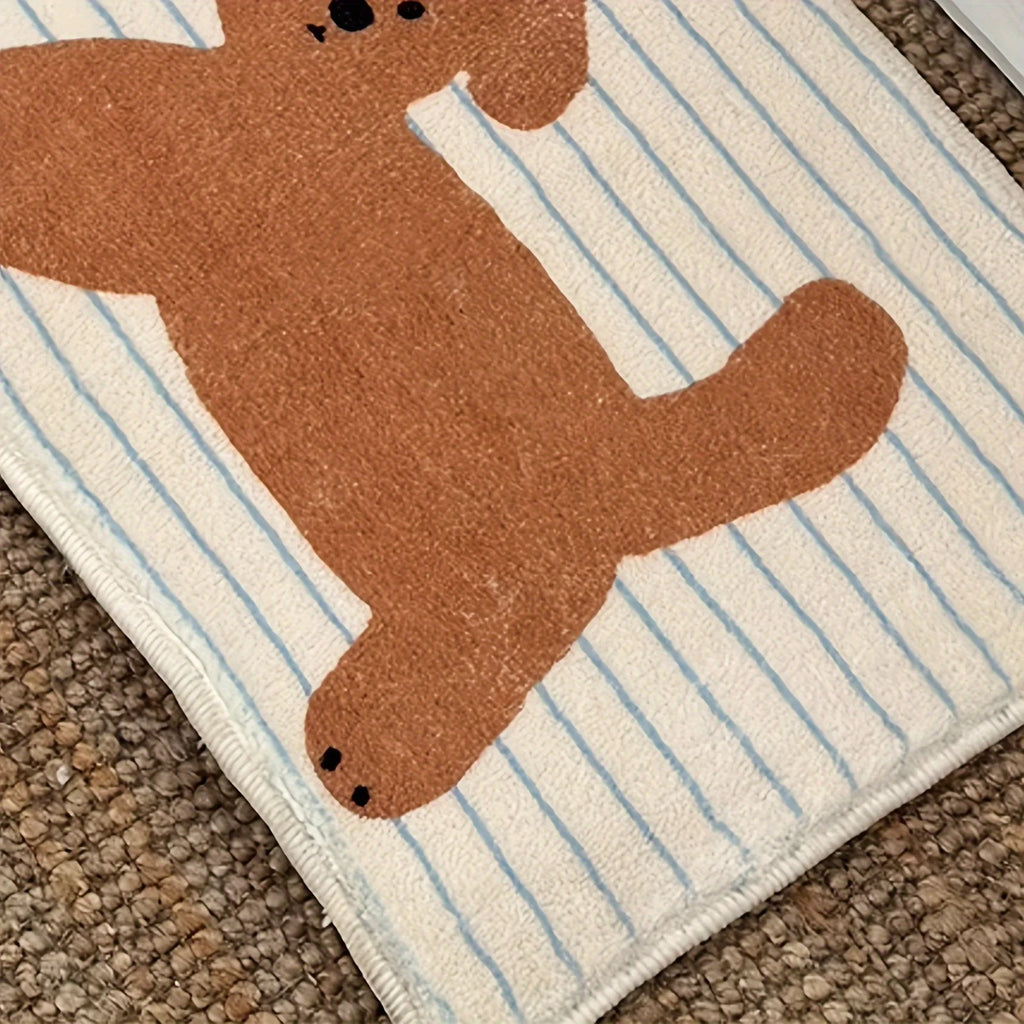 Cartoon Dog Stripe Bath Mat Non-slip Absorbent Flannel Rug Machine Zpaxo