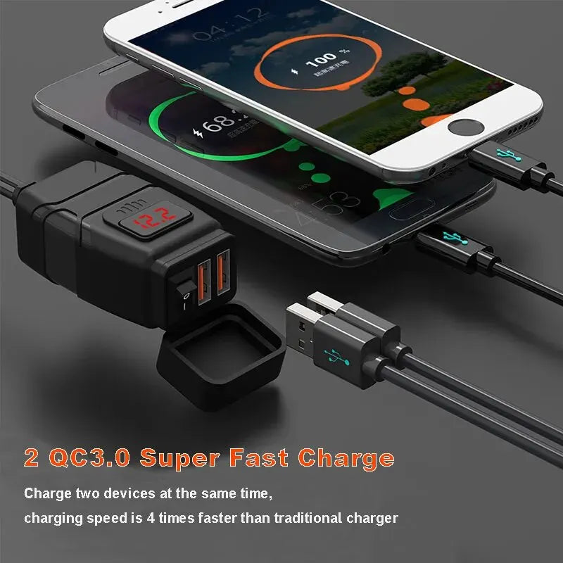 Universal Motorcycle USB Charger QC3.0 Handlebar Fast Charging Waterproof 12V Socket Adapter With Voltmeter Motorcycle Tools Zpaxo