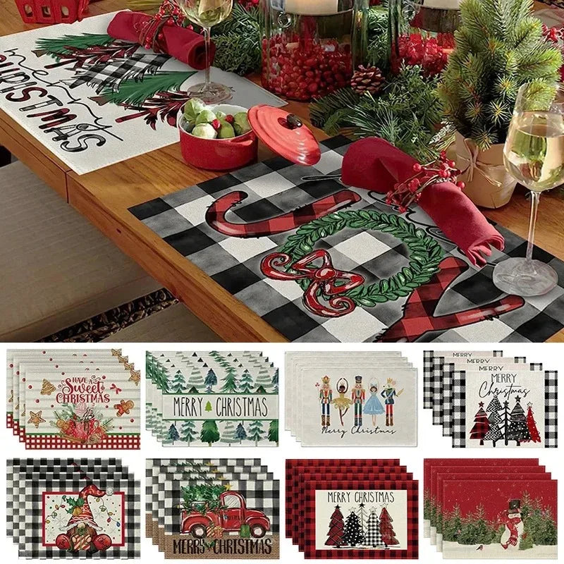 Christmas Tree Elk Placemat Linen Dining Table Mats Coaster Bowl