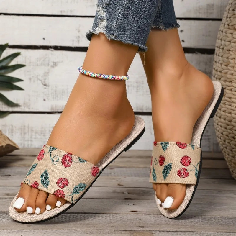 2025 Women Summer Casual Slides Comfortable Striped Bow Linen Flip