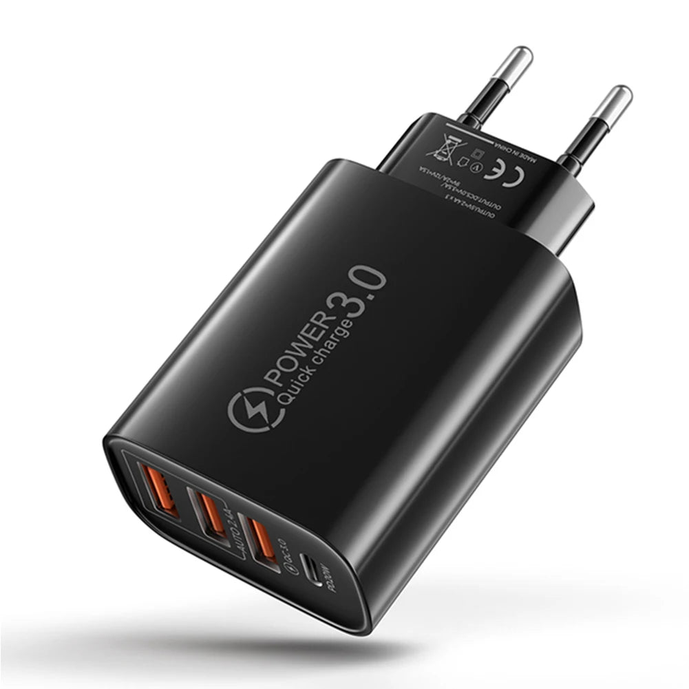 60W 4-Port USB Wall Charger – PD USB-C & Quick Charge 3.0 USB Wall Charger Zpaxo EU Black