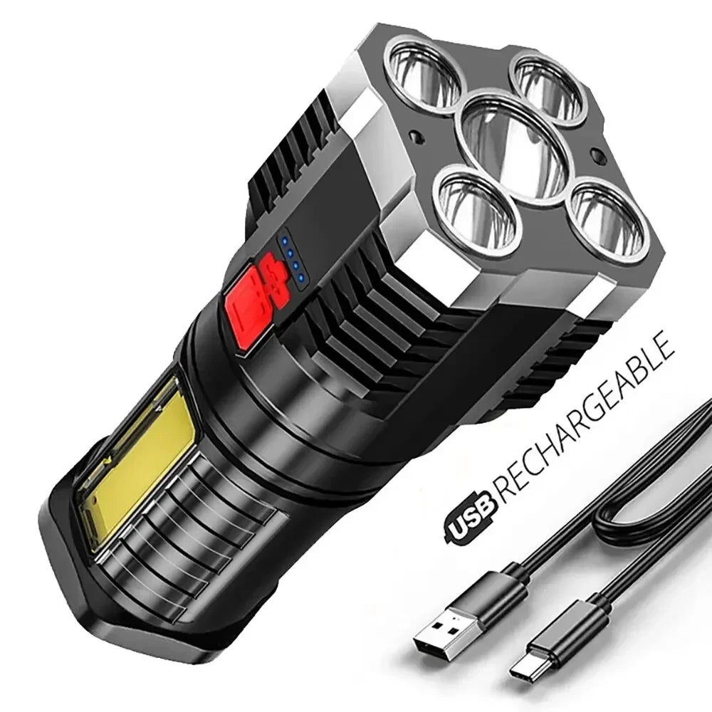 5-LED Rechargeable Camping Flashlight with COB Side Light, 3 Modes