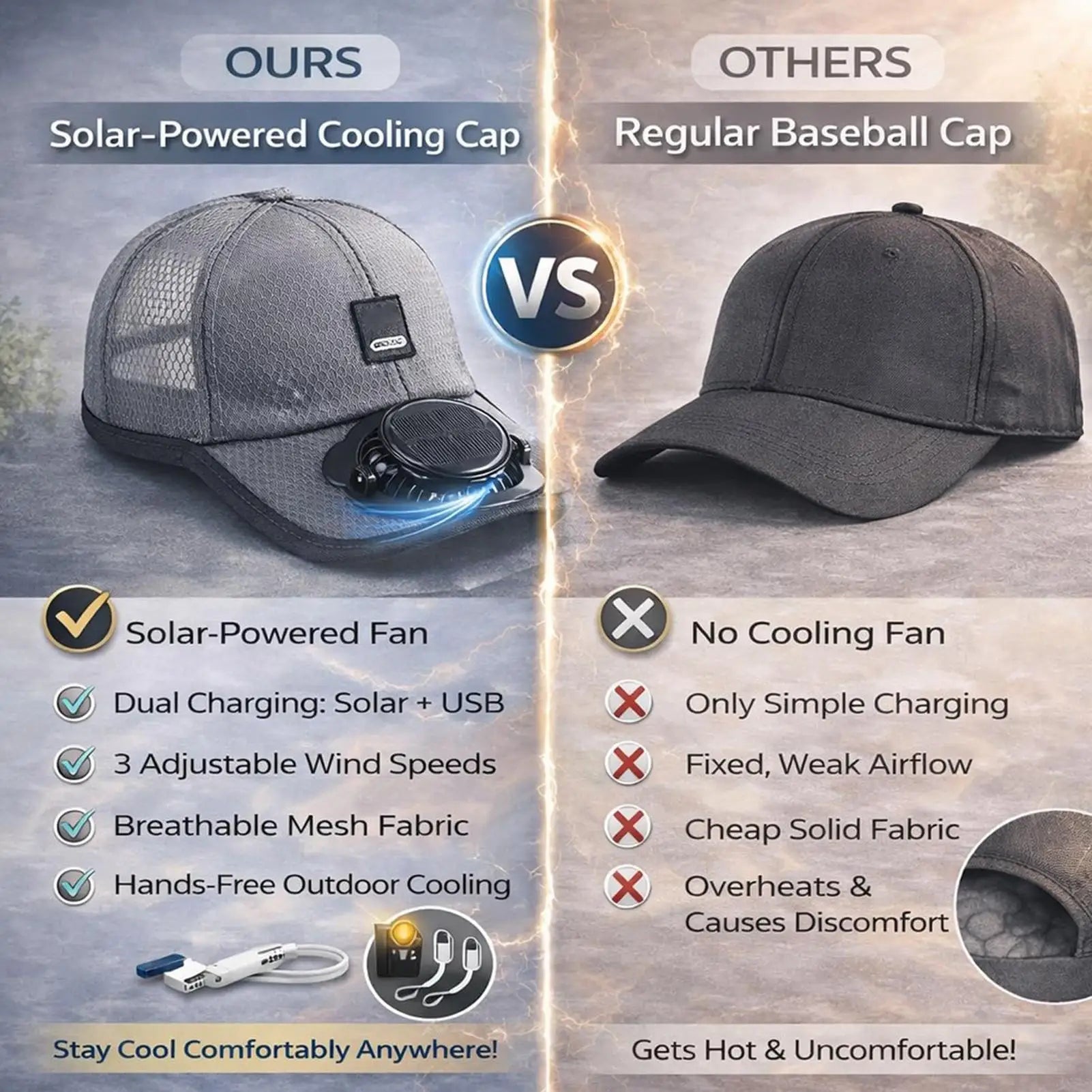 Solar Fan Baseballs Cap Wind Blower Sun Protection Headwear USB