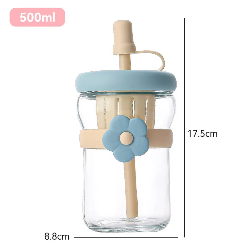 Glass Flower Cartoon Tea Strainer Cold Brew Straw Tumbler Leak-proof Zpaxo Blue-1PC 500ml