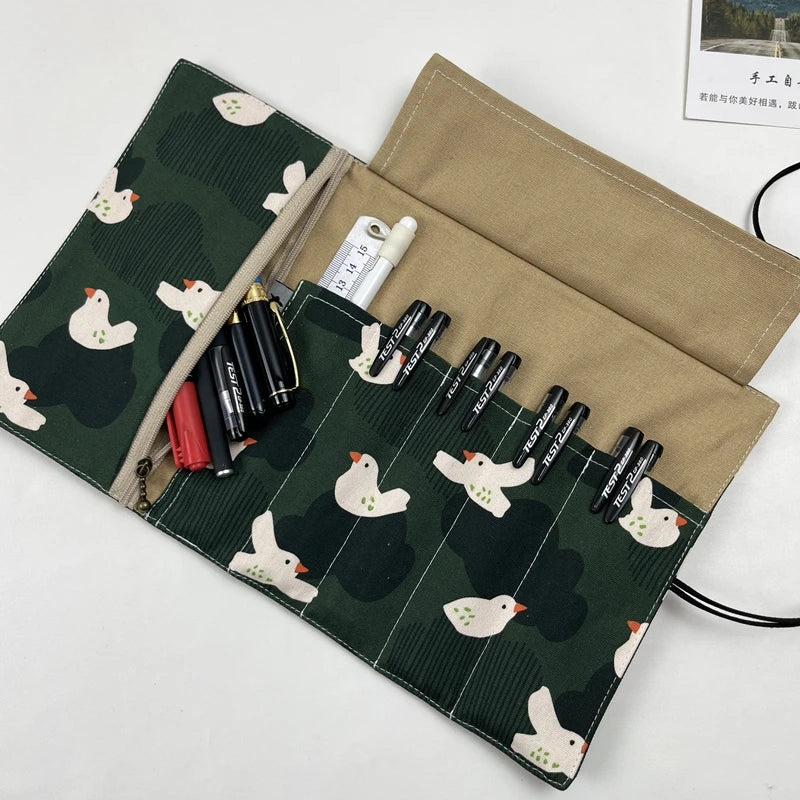 NNew Green Bird Canvas Fabric Pen Curtain Large Capacity Pen Bag Stationery Storage Bag Pen Bag Portable Pen Curtain Pencil Bag Zpaxo
