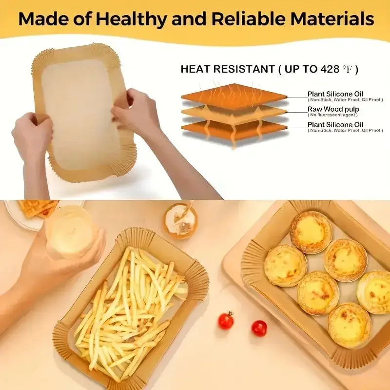 Disposable Air Fryer Liners Non-Stick Parchment Paper Rectangular Brown Heat Resistant for Baking and Frying Kitchen Essential Zpaxo