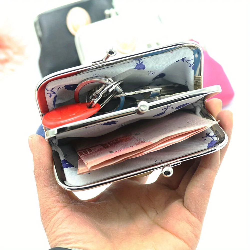 Cute Clip Lock Women's Coin Purse Retro Solid Color Bifold Kiss Lock Small Wallet Simple PU Leather Lipstick Portable Pocket Bag Zpaxo