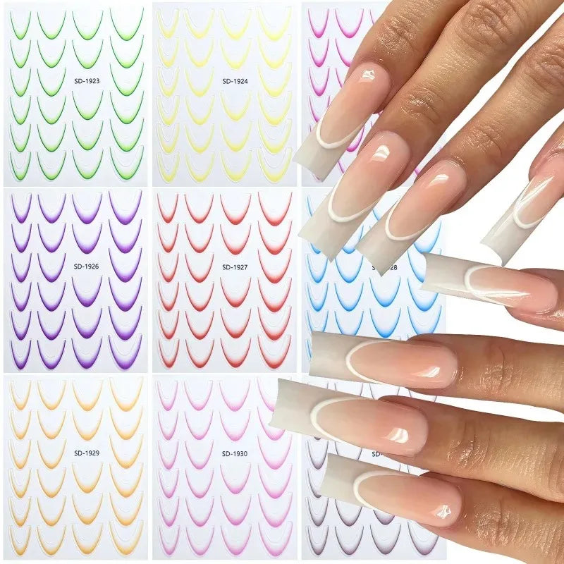 French Gradient Line Nail Art Stickers 3D Self-Adhesive White+Black Slider Design Nail Tip Stencil Manicure Guide DIY Nail Decor Zpaxo