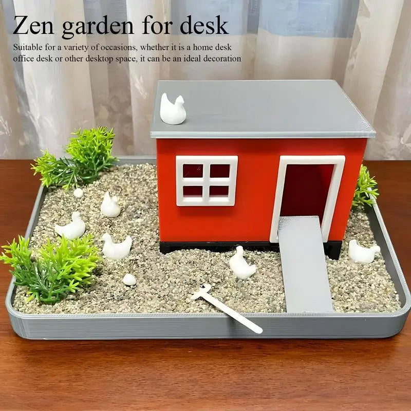 Desktop Chicken Zen Garden Sand Tray With House Desk Ornament Decorative Meditation Sand Tray Funny Sand Garden Decoration Zpaxo