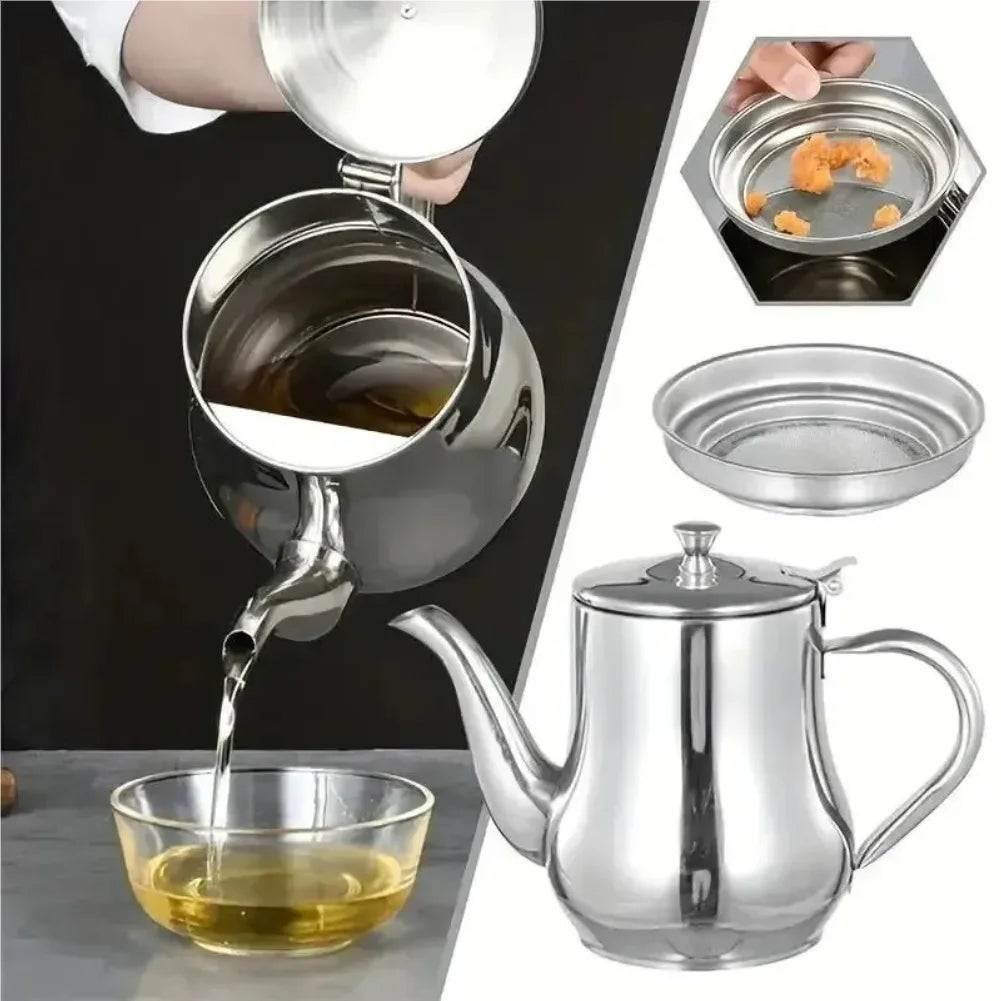 1Pc Household Stainless Steel Oil Pot with Filter Oil Filter Pot Stainless Steel Cooking Oil Storage Pot Kitchen Gadget Zpaxo